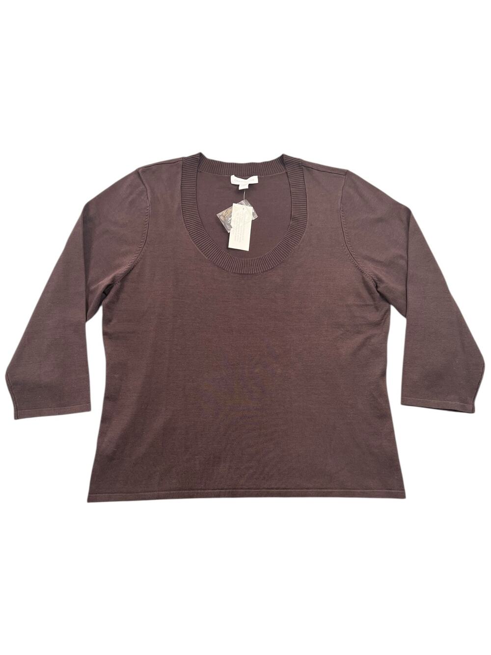 NWT Charter Club Brown Scoop Neck Sweater 3/4 Sleeve Lightweight Knit – L
